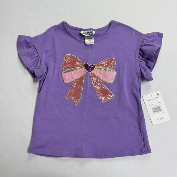 Rare Editions Short Flutter Sleeve Top Sequin Bow Girl's Size 6 Purple - Picture 1 of 6